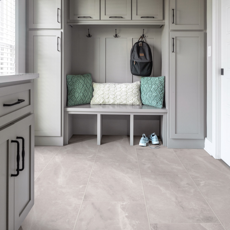 gray porcelain tile in mudroom