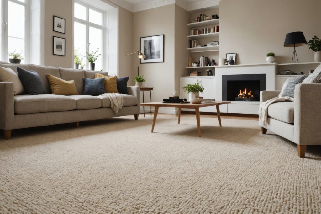 Living room with carpet and fireplace.