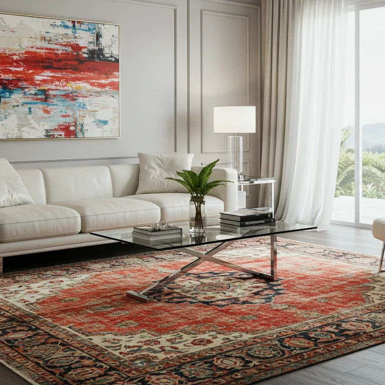 a bright modern room with a oriental area rug on the floor overlaying hardwood flooring