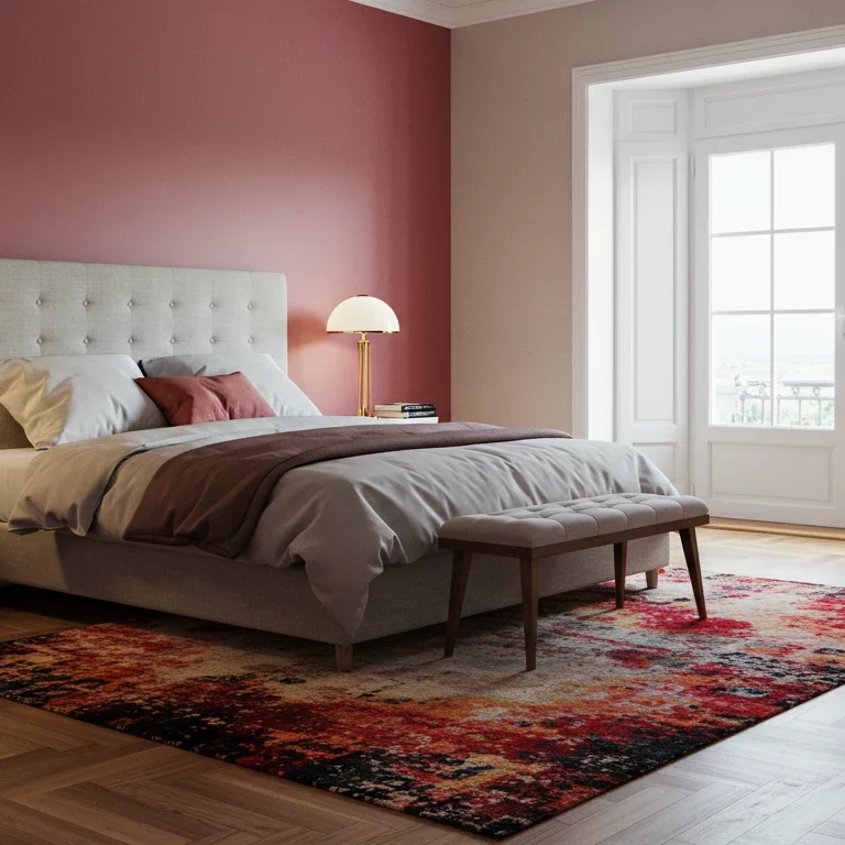 bedroom with red walls and red area rug on hardwood floors